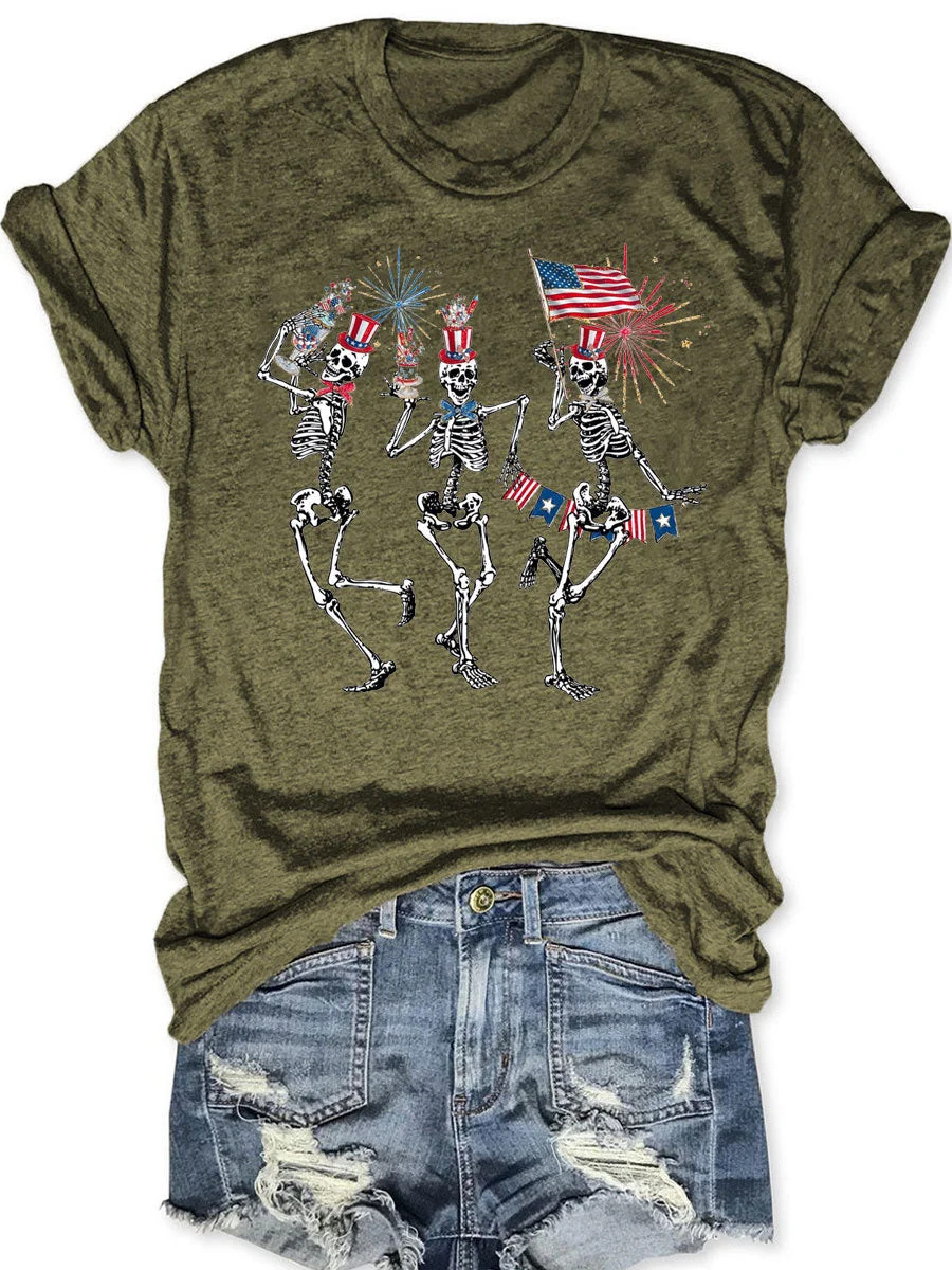 Dancing Skeleton American Flag T-Shirt Funny Patriotic Gift 4th Of July Merch Fun
