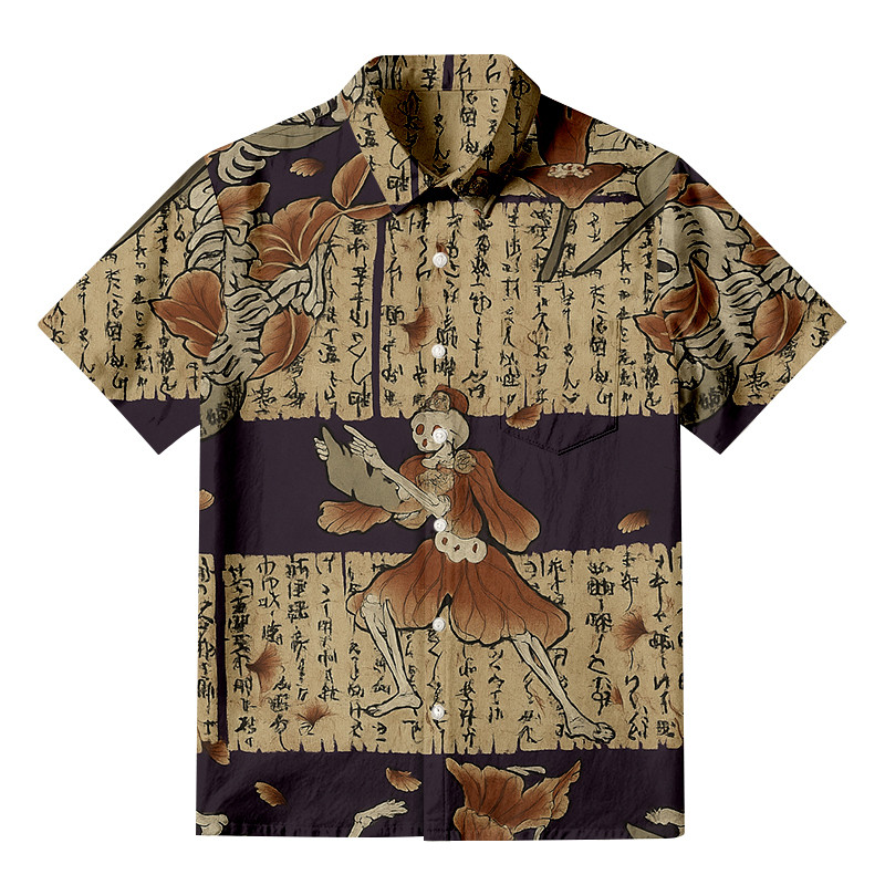 Dancing Skeleton Button Up Shirt Japanese Art Shirt Gifts For Skeleton Lovers