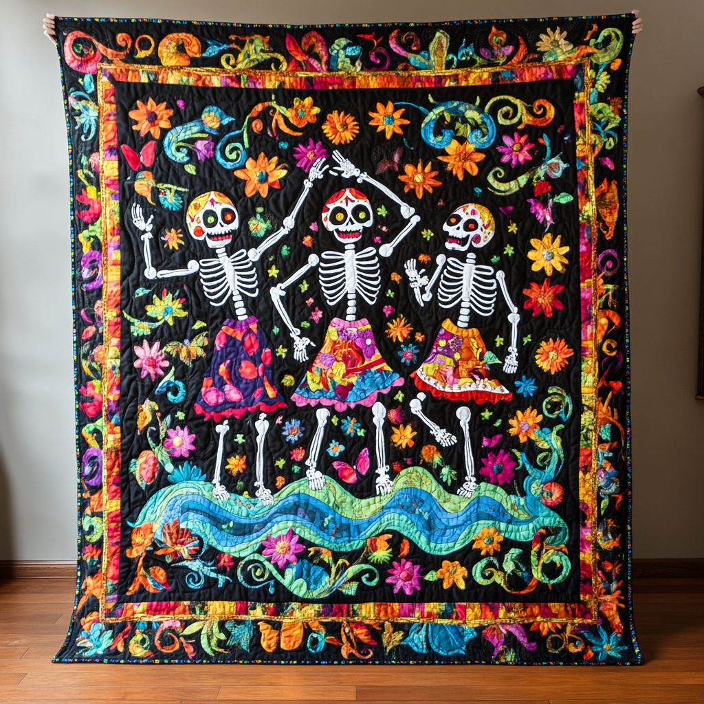 Dancing Skeleton Floral Quilted Blanket Skull Presents For Her