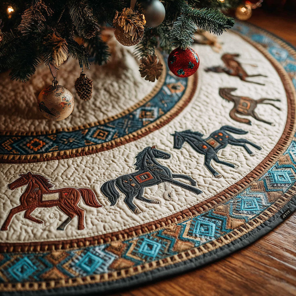 Dancing Stallions Christmas Quilted Tree Skirt Xmas Tree Bottom Cover Unique Gifts For Horse Lovers