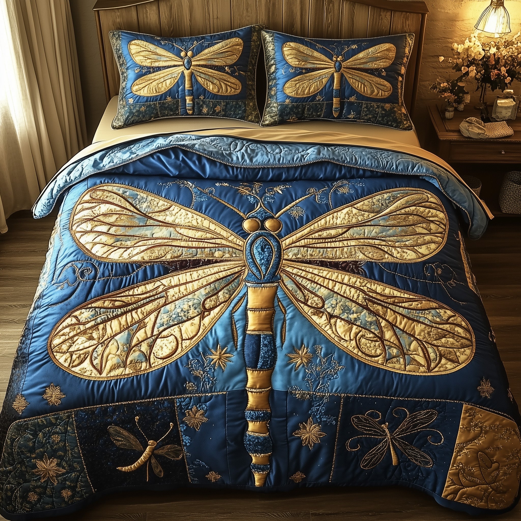 Dancing Wings Quilted Bedding Set Dragonfly Illustration Calm Nature Bedding Decor