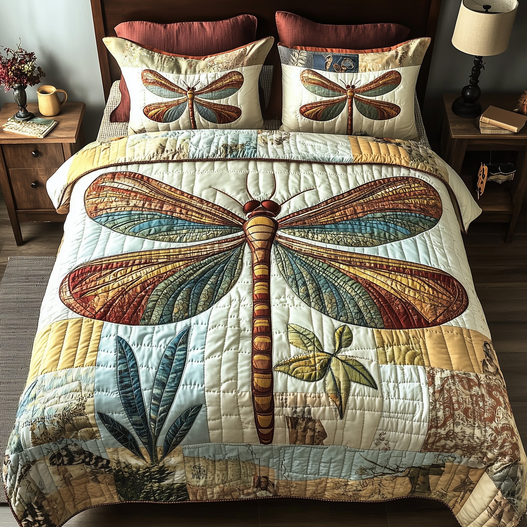 Dancing Wings Quilted Bedding Set Dragonfly Illustration Elegant Nature Bedding Gifts