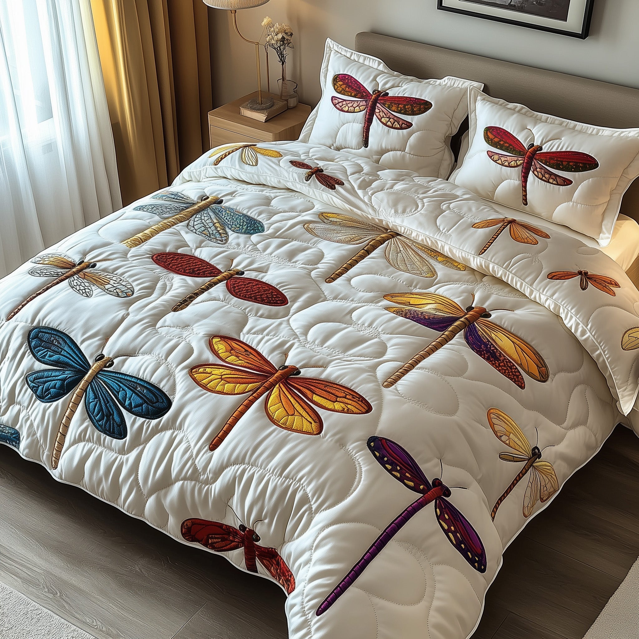 Dancing Wings Quilted Bedding Set Glorious Dragonflies Calm Bedding Decor For Insect Lovers