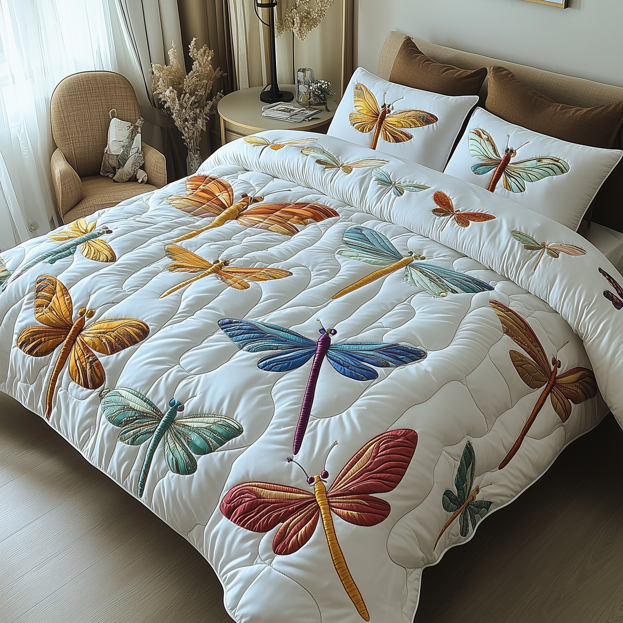 Dancing Wings Quilted Bedding Set Glorious Dragonfly Illustration Best Insect Nature Bedding Decor