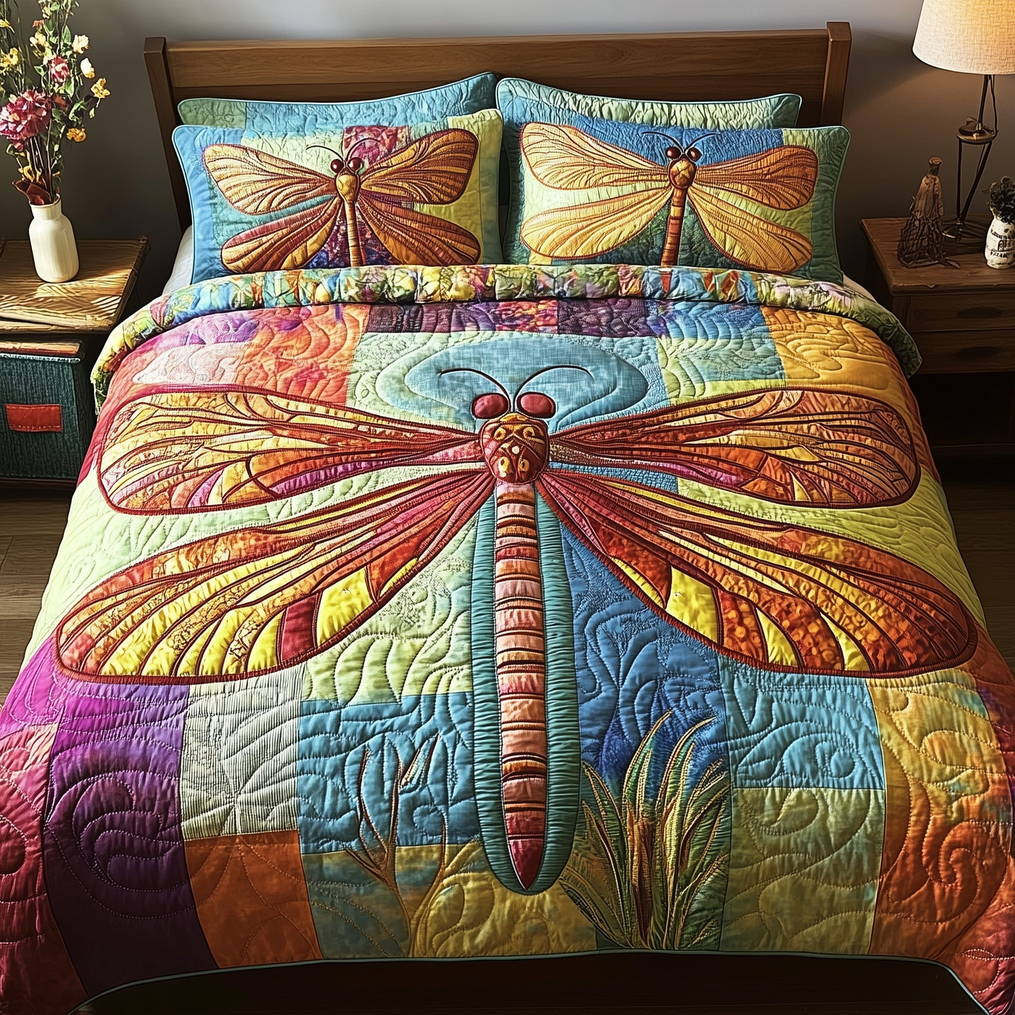 Dancing Wings Quilted Bedding Set Glorious Dragonfly Illustration Calm Nature Bedding Decor