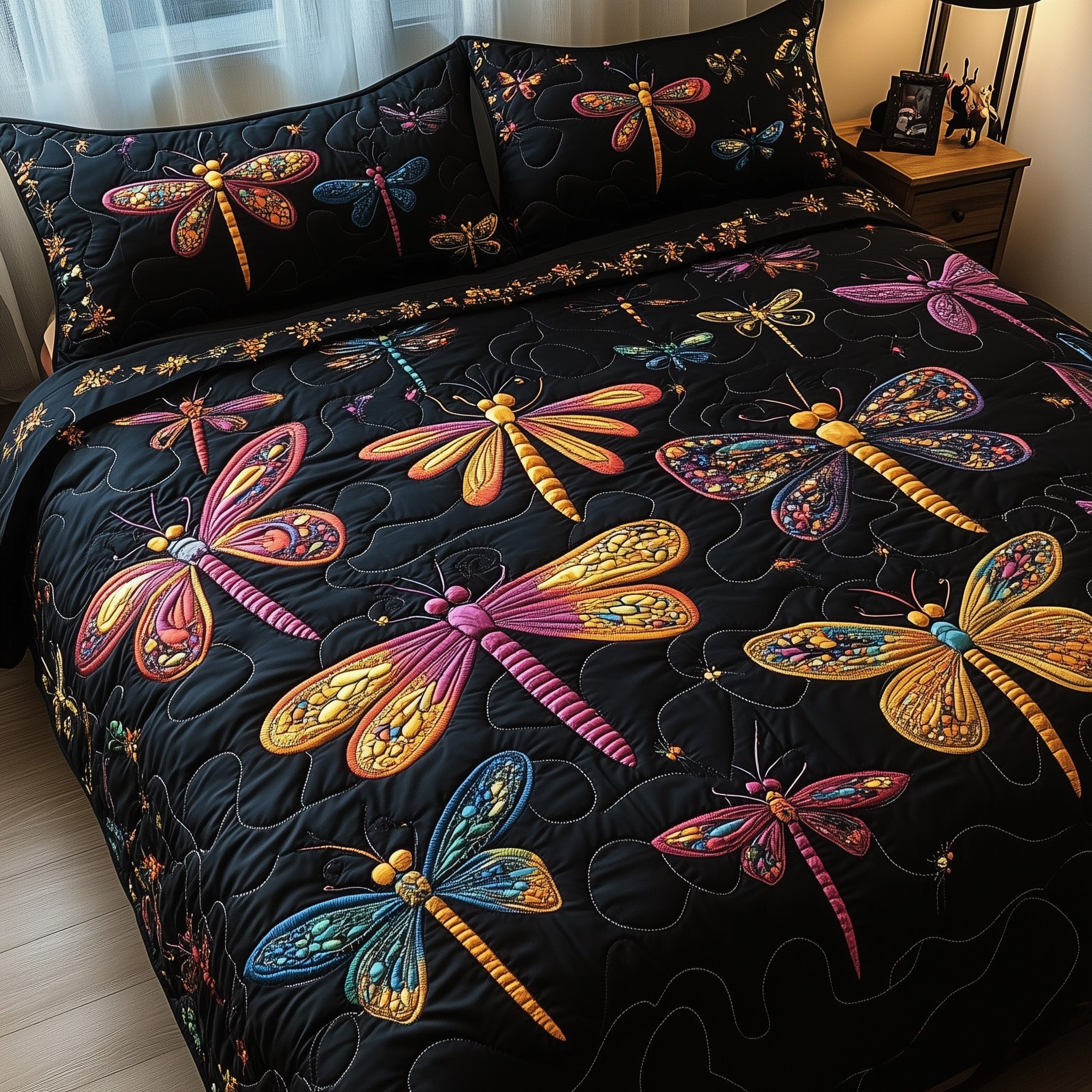 Dancing Wings Quilted Bedding Set Natural Dragonflies Insect Lovers Bedding Gifts