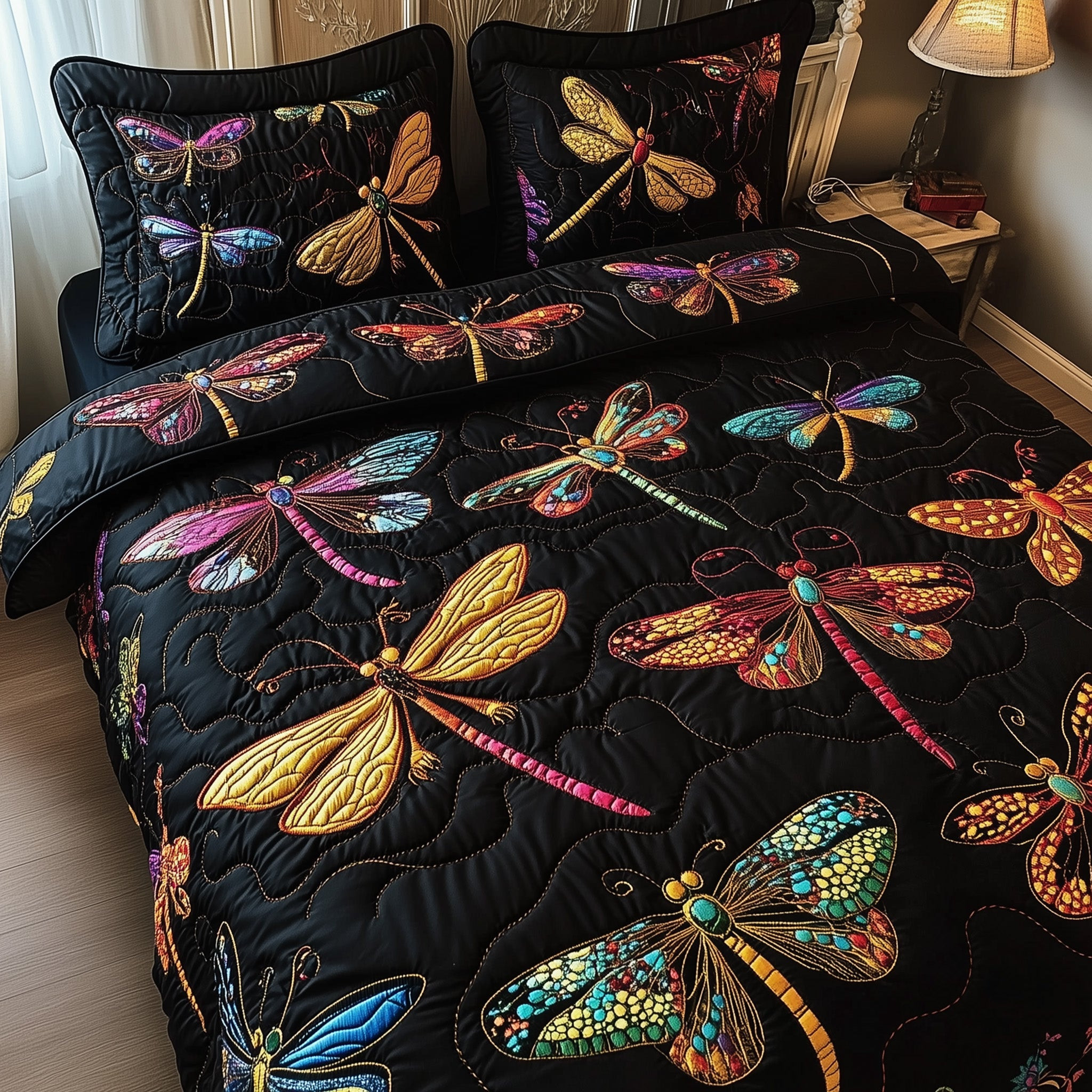 Dancing Wings Quilted Bedding Set Natural Dragonflies Insect Lovers Bedding Presents