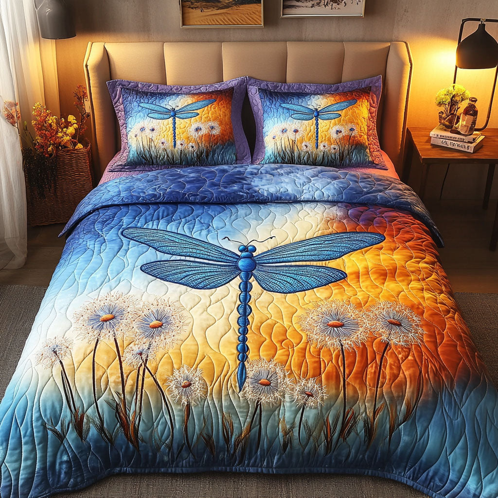 Dandelion Breeze Quilted Bedding Set Cool Bedroom Decor Birthday Presents For Dragonfly Lovers