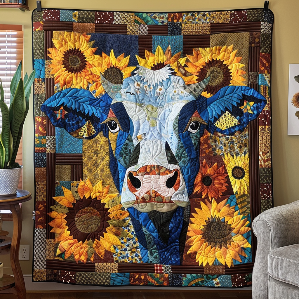 Dapper Cow Sunflower Quilted Blanket Presents For Cow Lovers