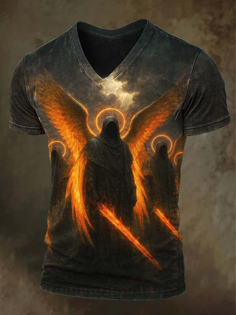 Dark Angel V-Neck Shirt Fallen Angel With Flaming Sword Fantasy Mythology Gifts