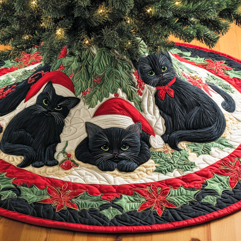 Dark Bloom Christmas Quilted Tree Skirt Xmas Indoor Decorations Gifts For Black Cat Lovers