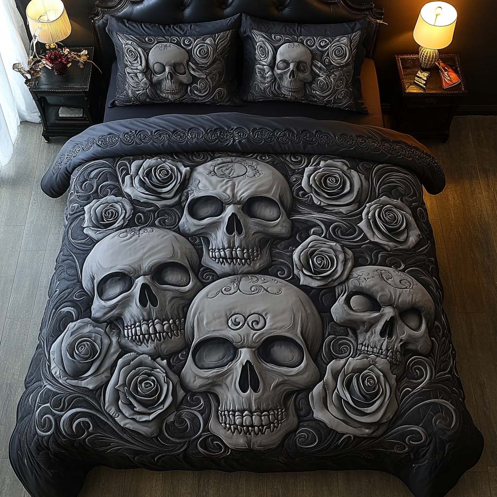 Dark Bloom Quilted Bedding Set Cute Room Decor Gifts For Skull Lovers
