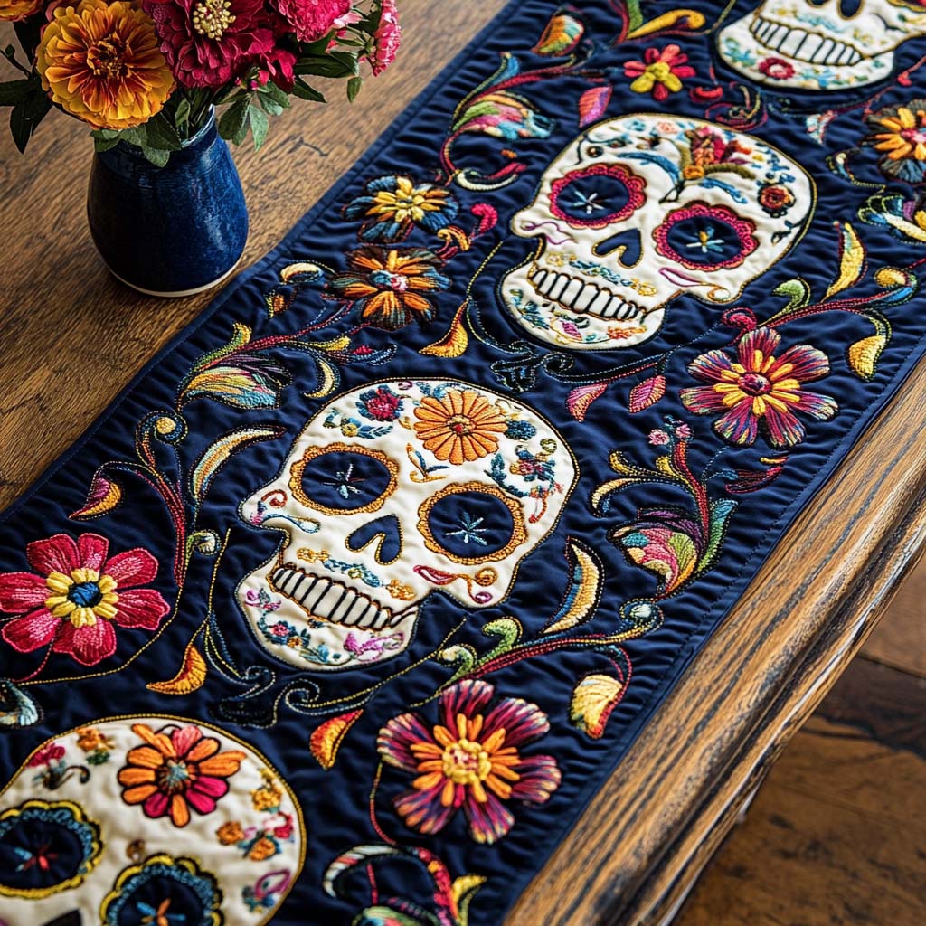 Dark Blossom Quilted Table Runner Sugar Skull Table Runner Gift Ideas For Mom