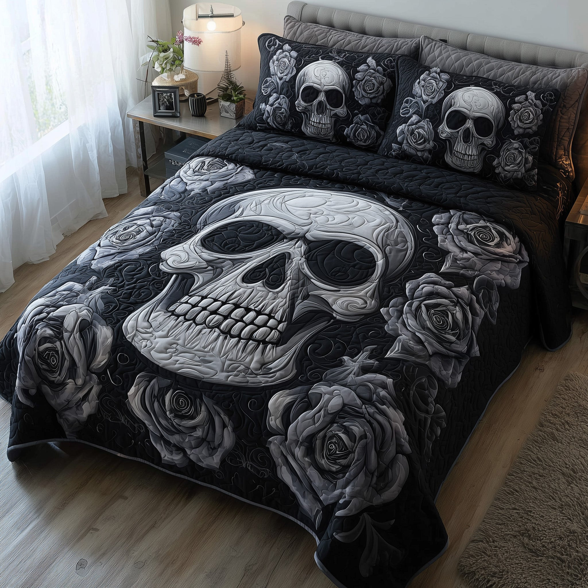 Dark Elegance Quilted Bedding Set Bed Decoration Gifts For People Who Like Skulls