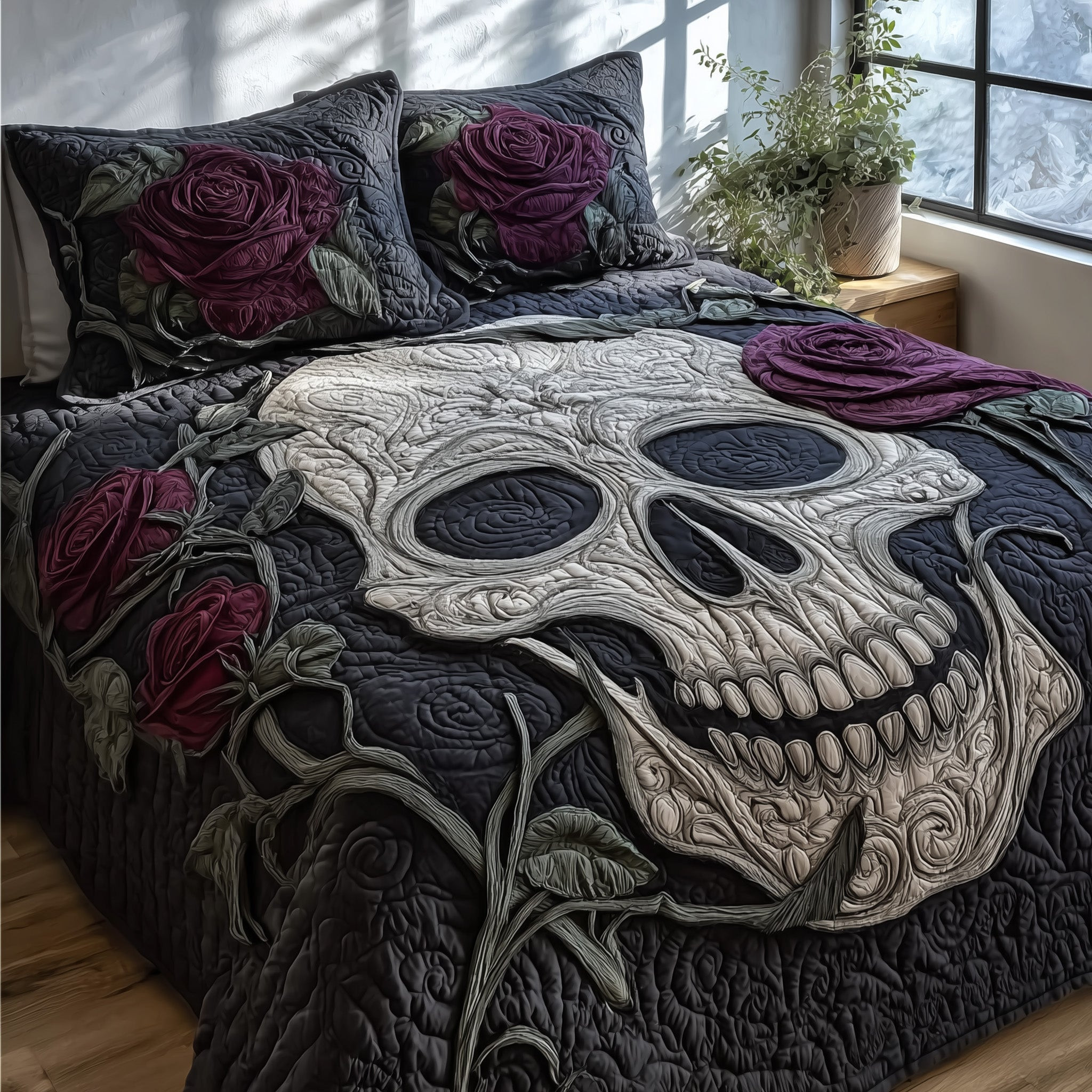 Dark Elegance Quilted Bedding Set Bed Decoration Skull Themed Gifts For Him
