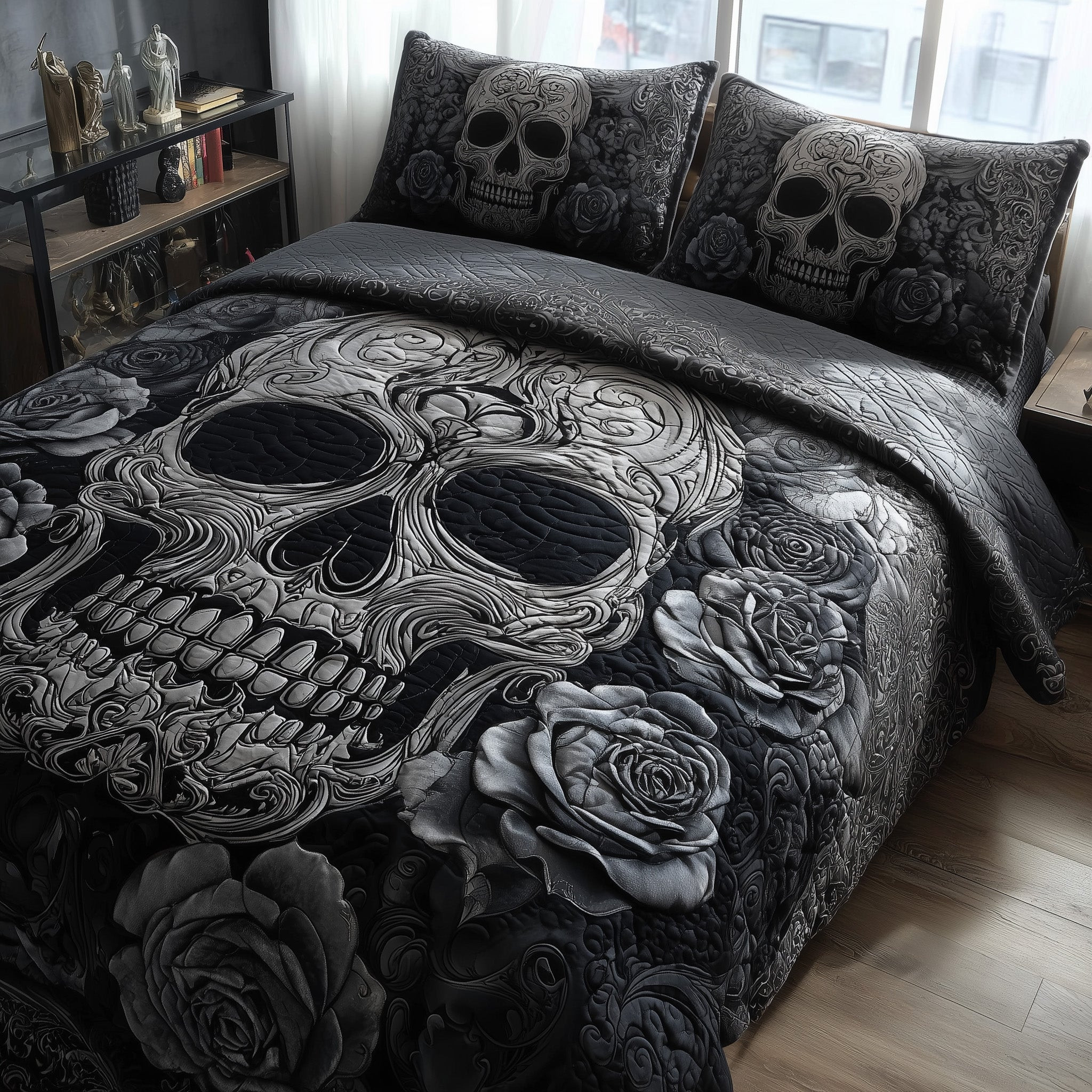 Dark Elegance Quilted Bedding Set Duvet Set Bed Gifts With Skulls On Them