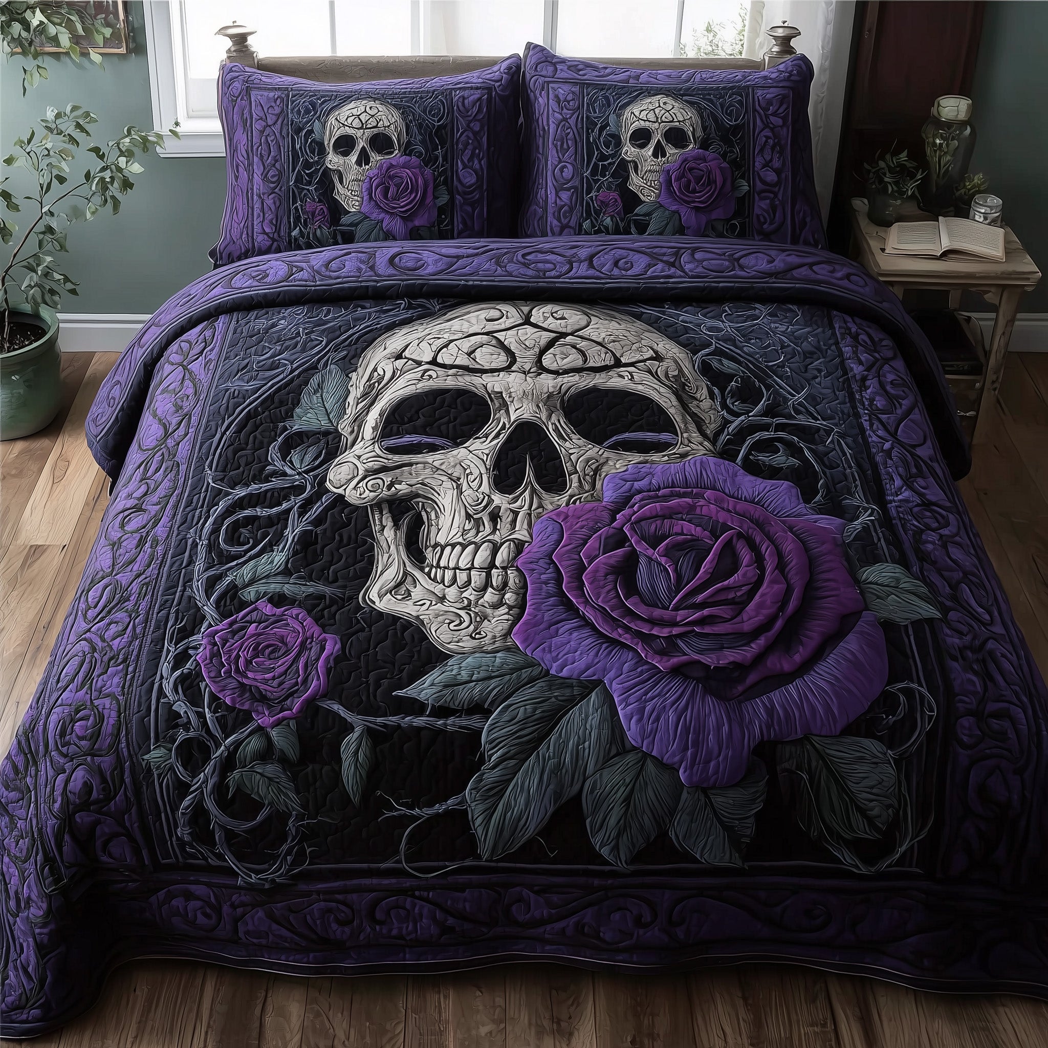 Dark Elegance Quilted Bedding Set Floral Print
