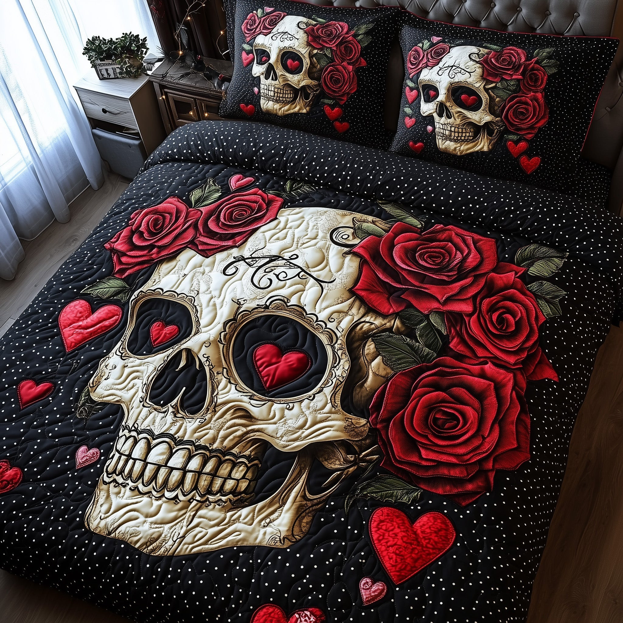 Dark Elegance Quilted Bedding Set Gothic Skull Rose Decor Haunted Bedding Gift Ideas