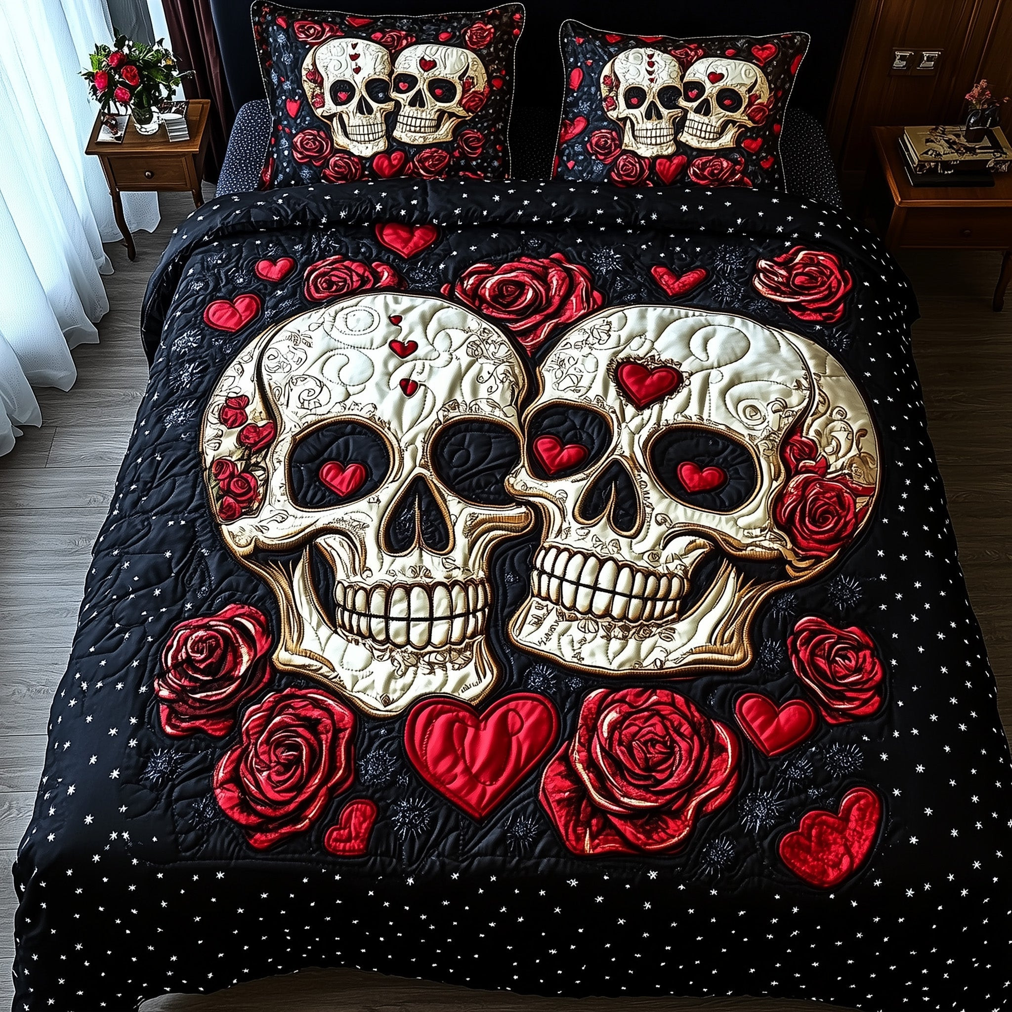 Dark Elegance Quilted Bedding Set Haunted Skull Red Roses Bedroom Decor Decor Gift Ideas