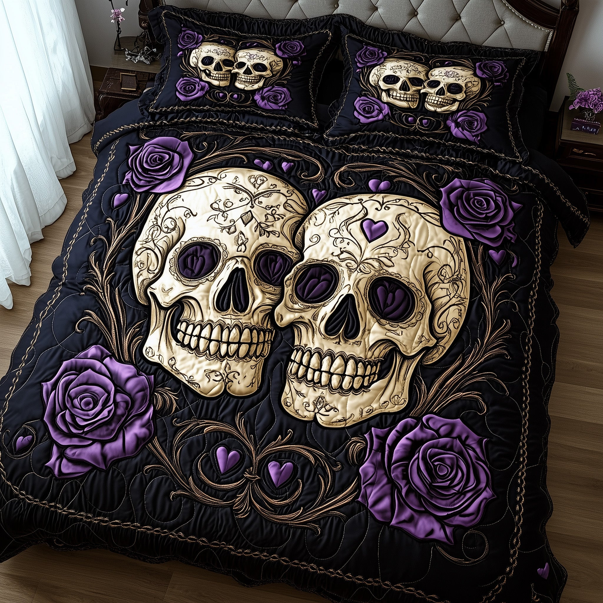Dark Elegance Quilted Bedding Set Horror Skull Happy Fright Night Gift Ideas