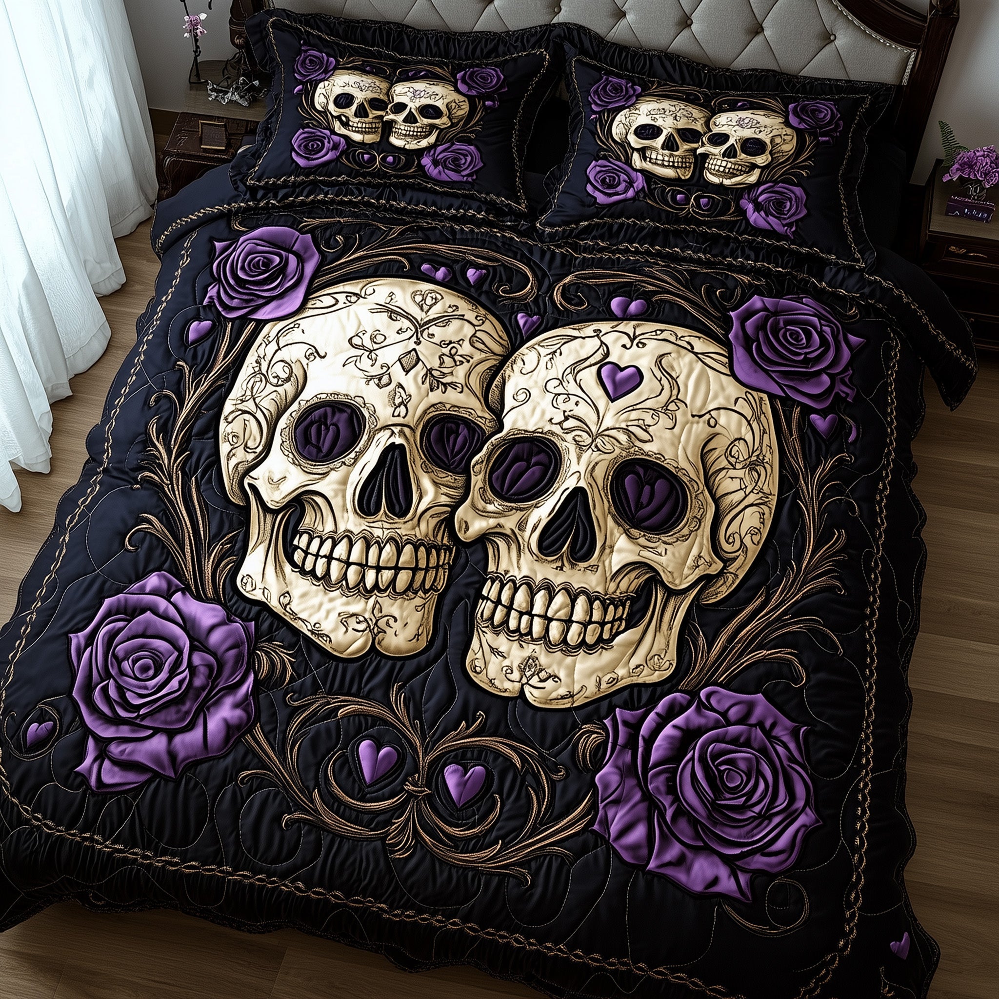 Dark Elegance Quilted Bedding Set Horror Skull Happy Fright Night Gift Ideas