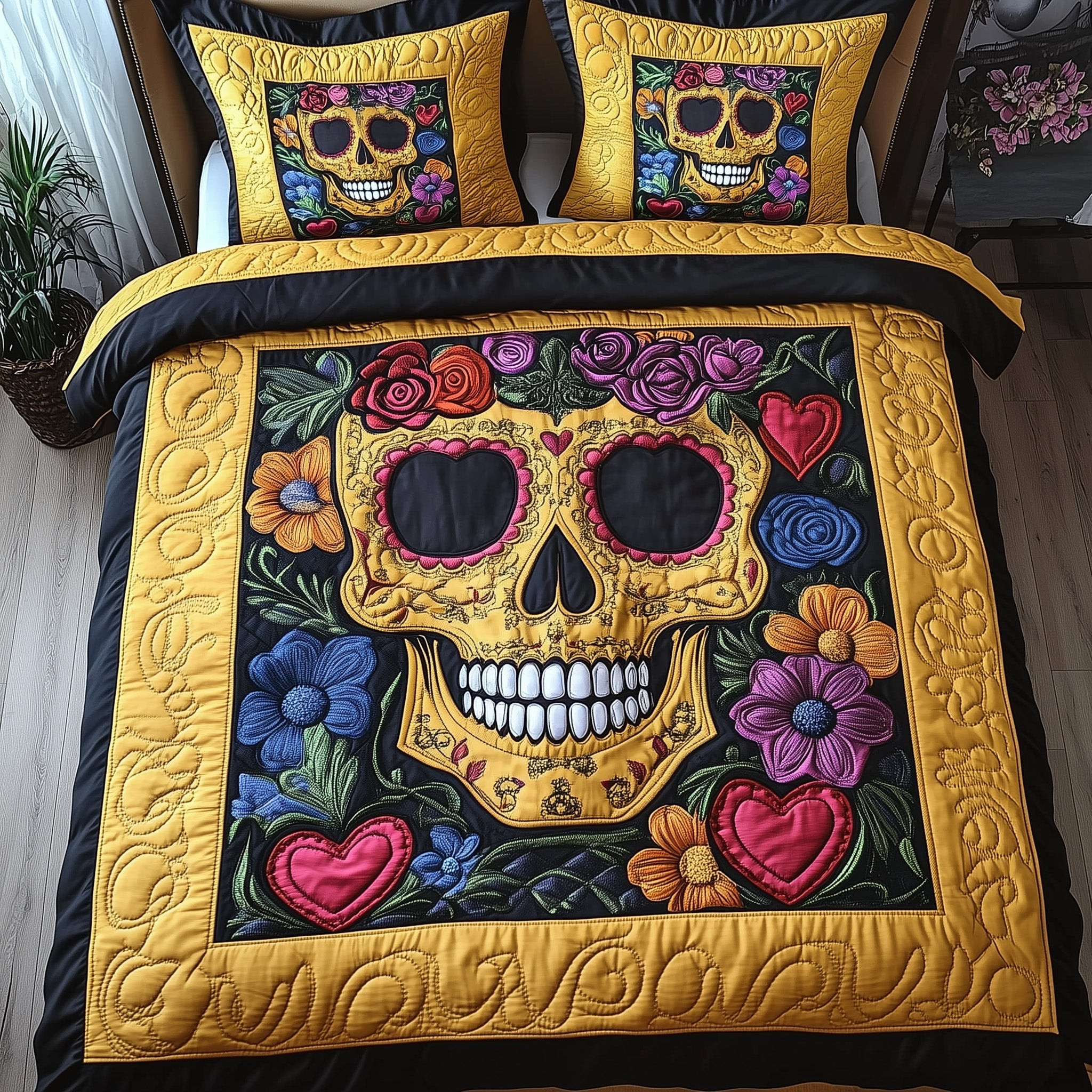 Dark Elegance Quilted Bedding Set Mexican Skull Art Decor Holiday Bedding Gift Ideas
