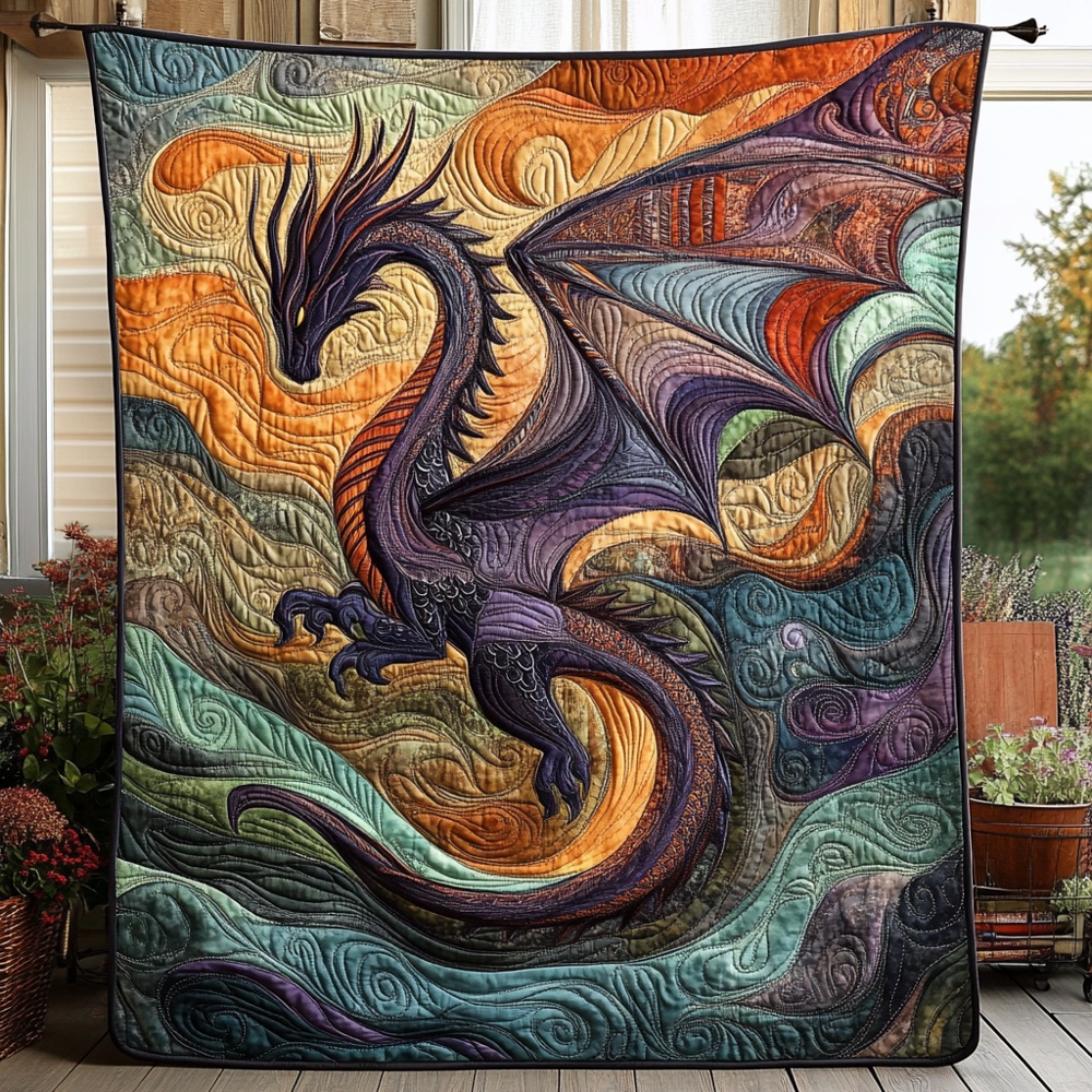 Dark Fantasy Dragon Quilted Blanket Mystic Serpent Swirl Art Patchwork Throw Best Gift For Dragon Fans