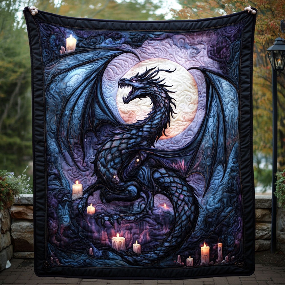 Dark Gothic Dragon Moon Quilted Blanket Fantasy Moonlight Art Cozy Throw Best Gift For Dragon Lovers