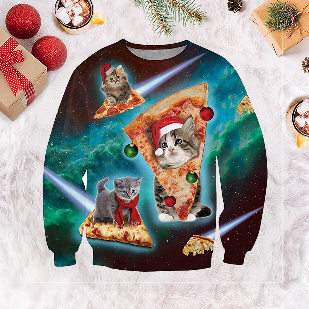 Dark Green Pizza Cat Ugly Christmas Sweater Cute Christmas Sweater Gift Ideas For Cat Lovers