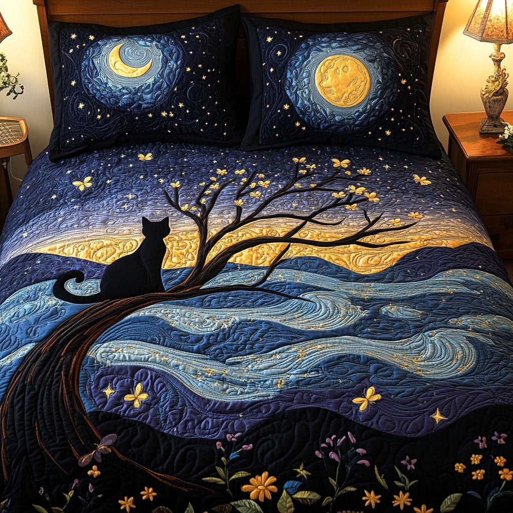 Dark Sky Dreamer Quilted Bedding Set Duvet Cover Bed Sheet Set Black Cat Themed Gifts