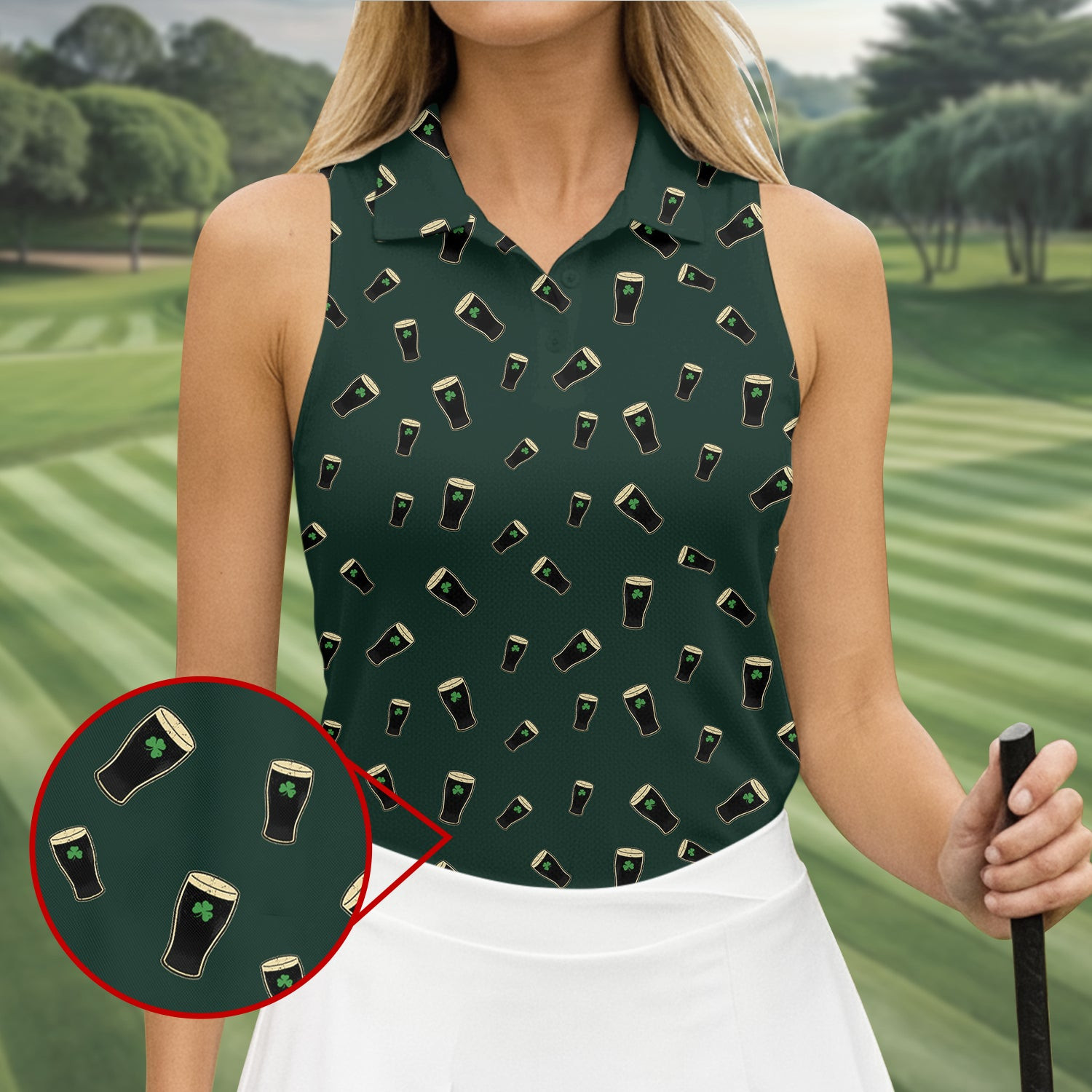 Dark Stout Beer St Patrick's Day Shamrock Guinness Sleeveless Polo Shirt Golf Merch Wife Gift