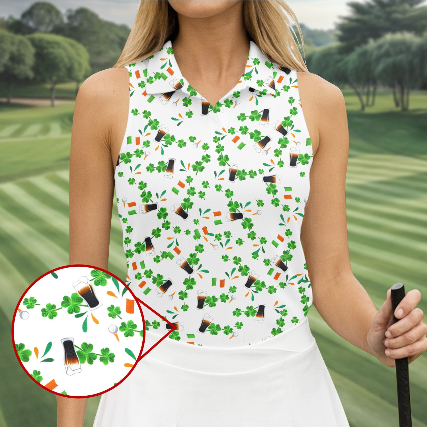 Dark Stout Beer St Patrick's Day Shamrocks Sleeveless Polo Shirt Best Golf Clothes Gift For Her