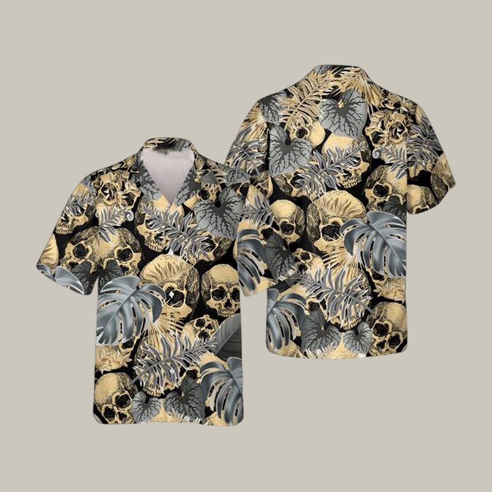Dark Tropical Leaves Skull Hawaiian Shirt Gothic Skull Art Tee Great Gift For Him