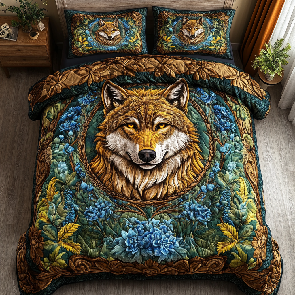 Dark Wolf Quilted Bedding Set Xmas Holiday Duvet Cover Set Novelty Wolf Gifts