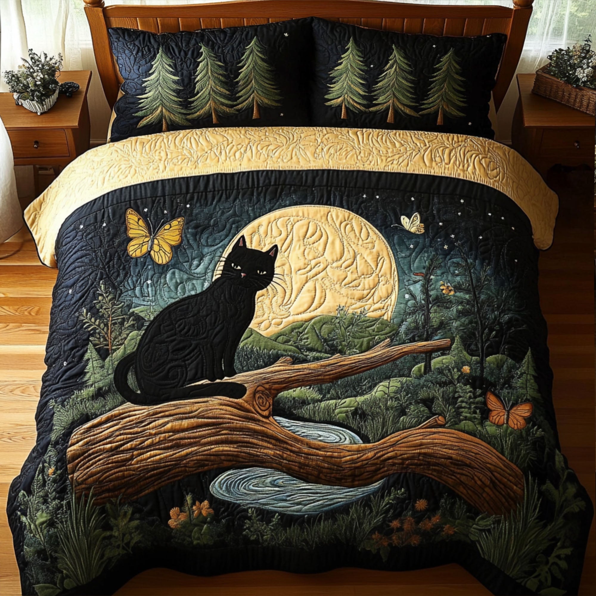 Darkwood Hunter Quilted Bedding Set Bed Room Decoration Black Cat Merchandise Gifts