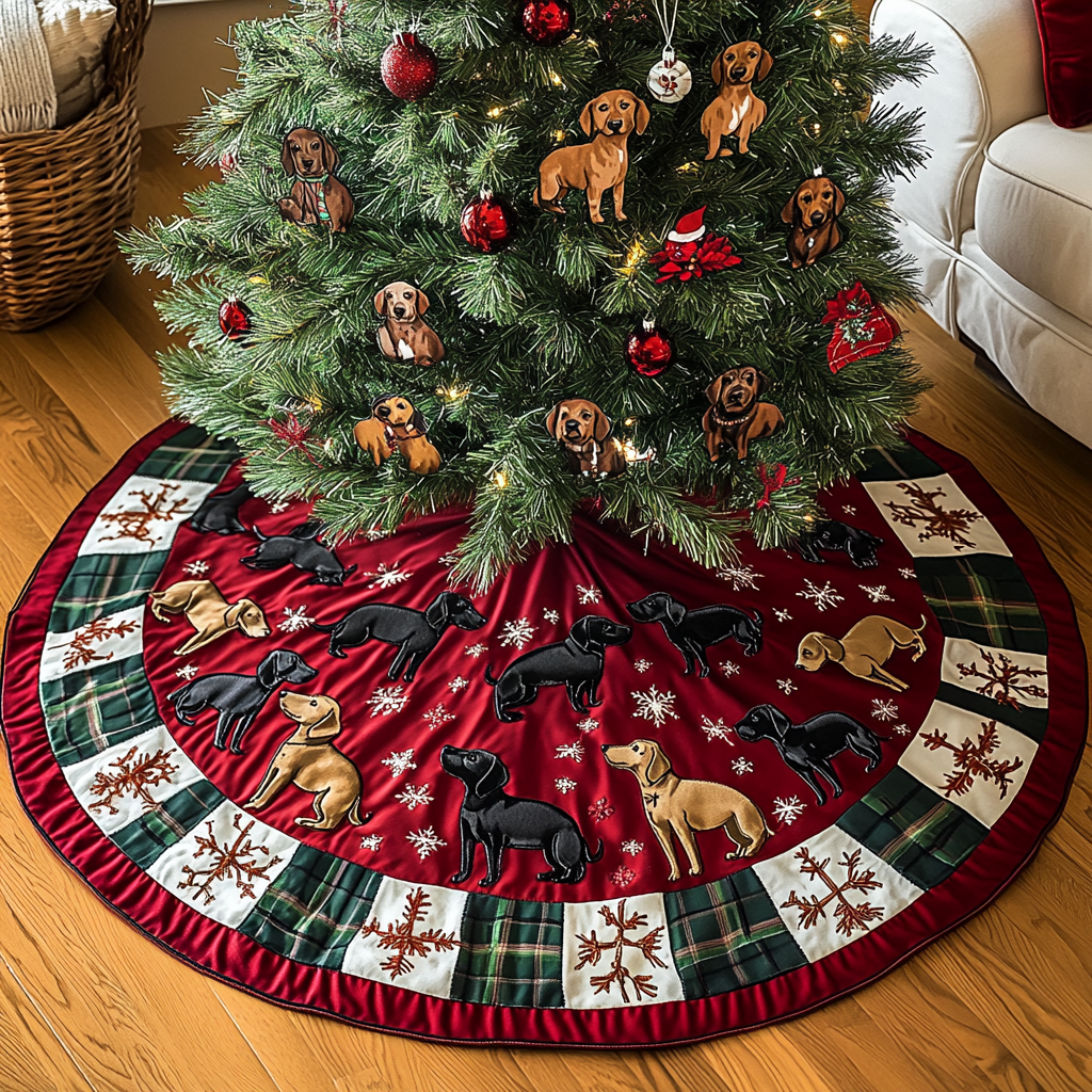 Darling Doxie Delight Christmas Quilted Tree Skirt Charming Tree Skirt for Family Gatherings