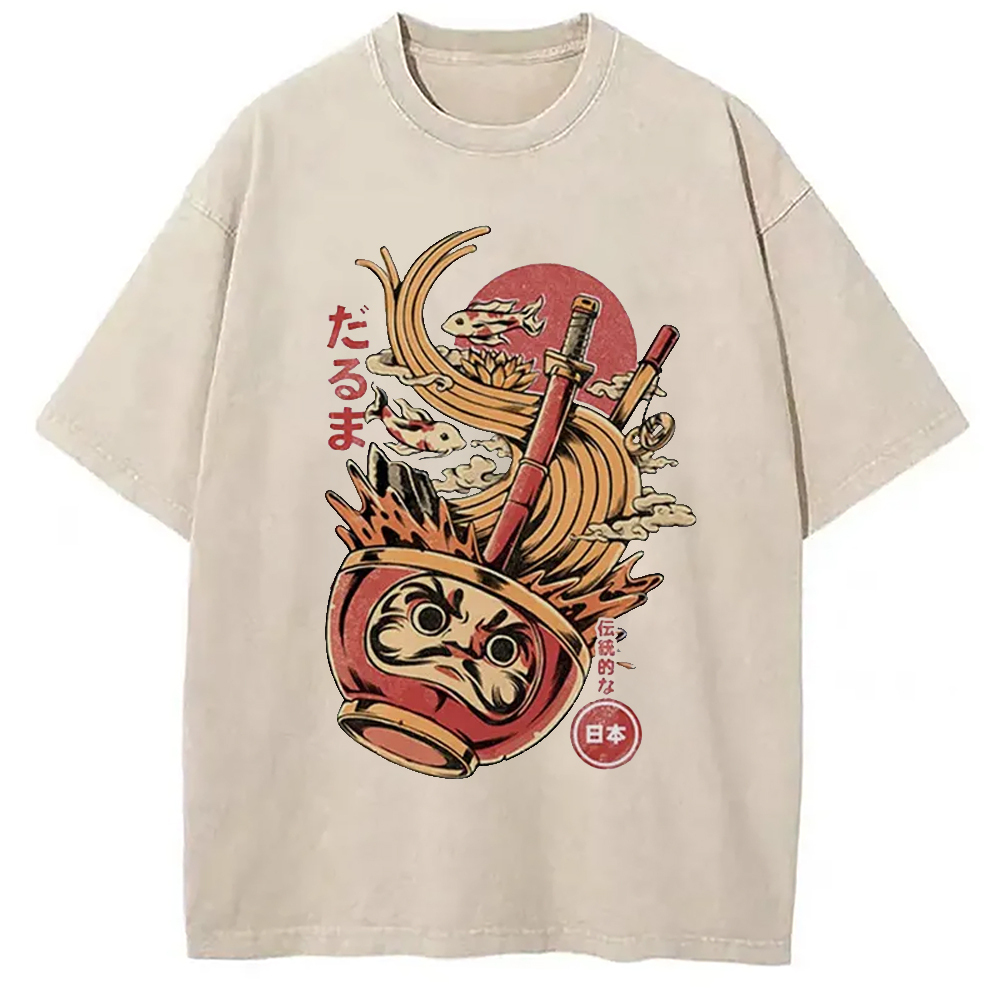 Daruma's Ramen Magnet Japan Culture Creative Washed T-Shirt Unisex Streetwear Graphic Style Gifts For Her