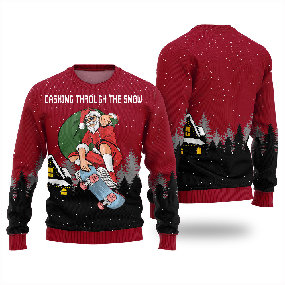 Dashing Through The Snow Skateboarding Santa Ugly Christmas Sweater Trendy Christmas Sweater for Winter Outfits