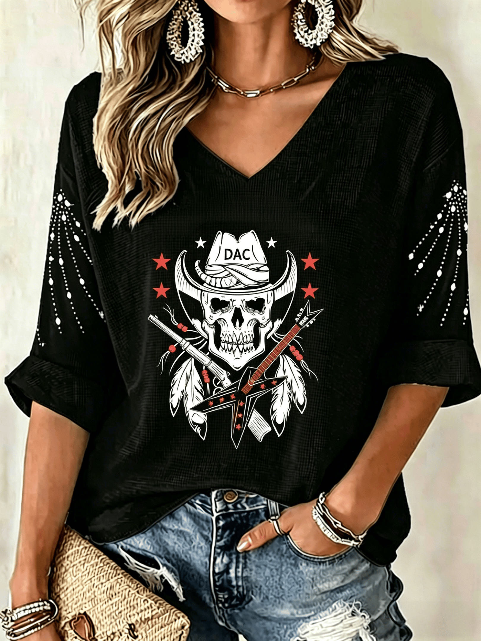 David Allan Coe Merch DAC Records Skull Cowboy Guitar Gun V-Neck Long Shirt Gifts For Her