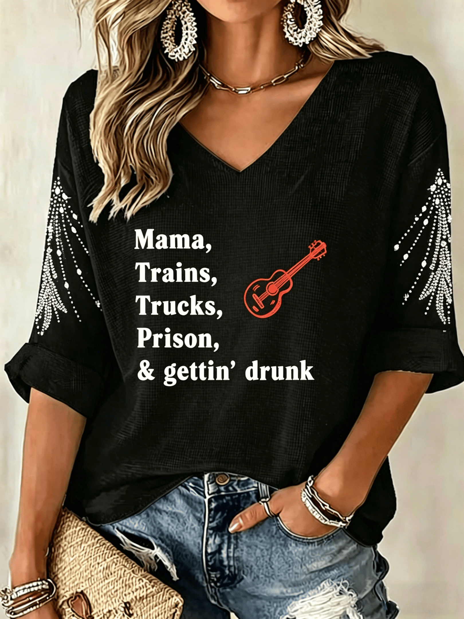 David Allan Coe Merch Mama Trains Trucks Prison & Gettin' Drunk V-Neck Long Shirt Gift For Her