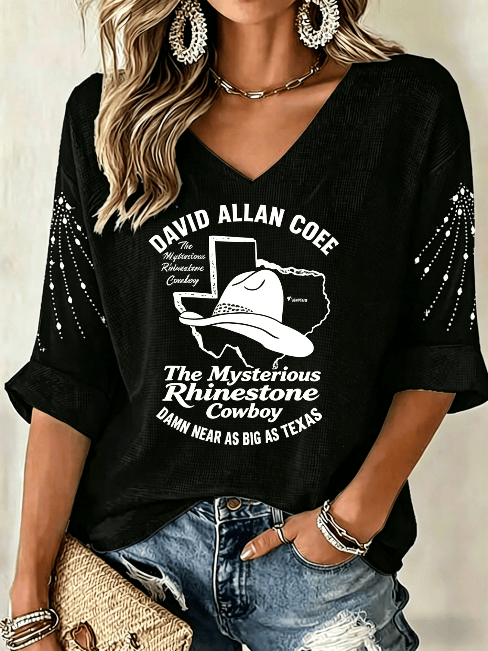 David Allan Coe Merch Mysterious Rhinestone Cowboy V-Neck Long Shirt Gifts For Bestie