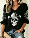 David Allan Coe Merch Skull With Cowboy Hat V-Neck Long Sleeve Shirt Gifts For Bestie