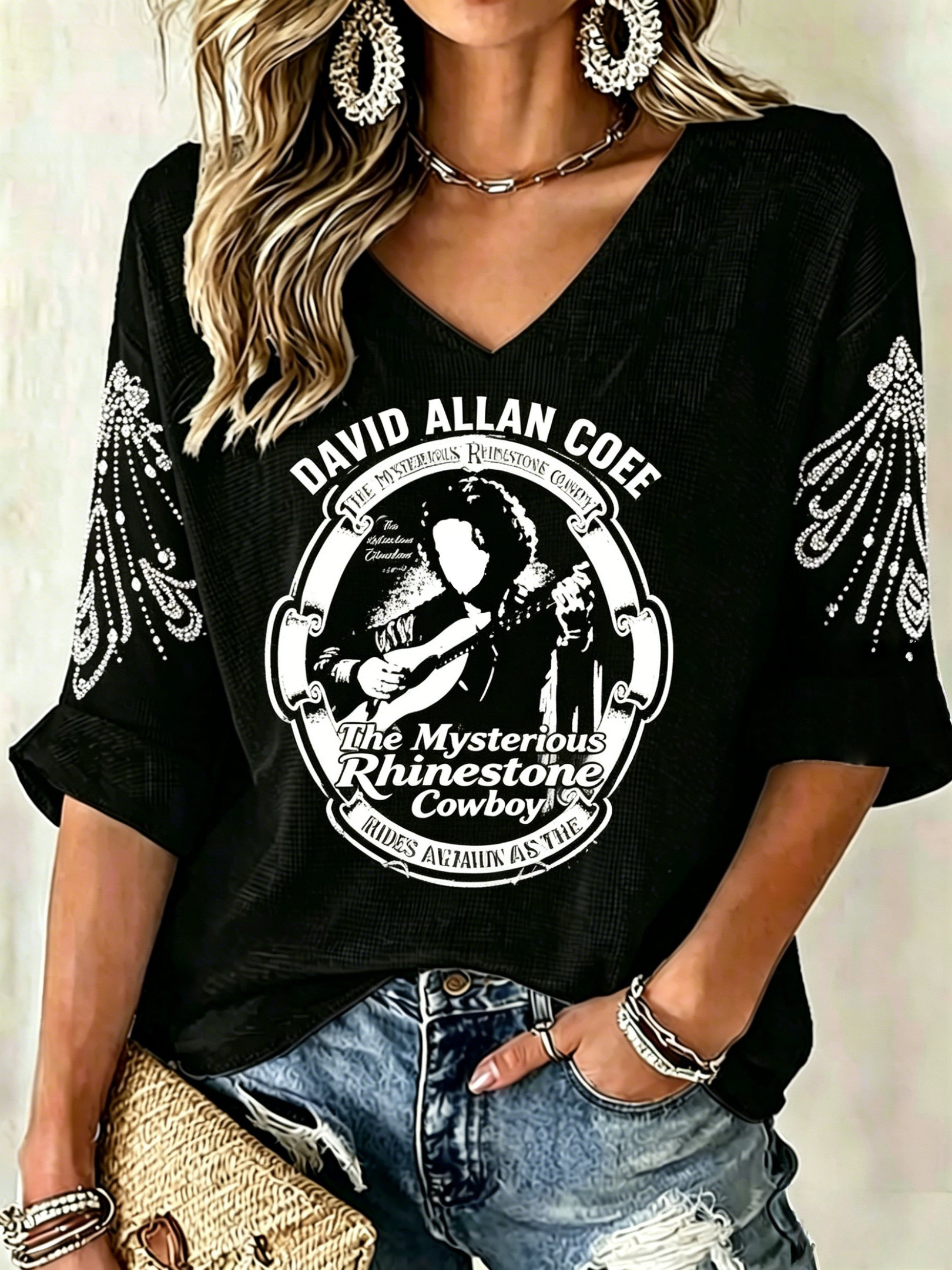 David Allan Coe Merch The Mysterious Rhinestone Cowboy V-Neck Long Shirt Music Lover Present