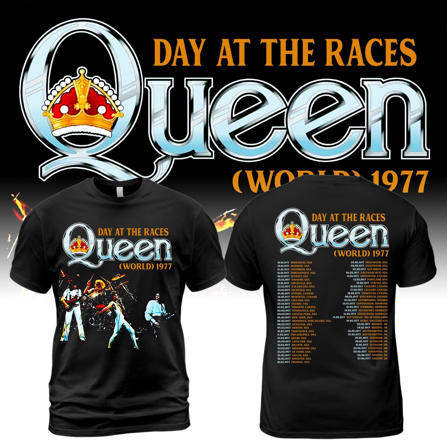 Day At The Races Queen World Tour 1977 Merch T-Shirt Queen Rock Band Merchandise