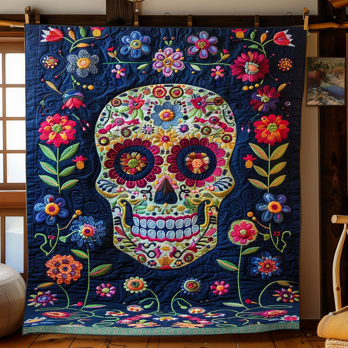 Day Of The Dead Sugar Skull Quilt Blanket Queen Size Blanket Meaningful Gifts For Parents