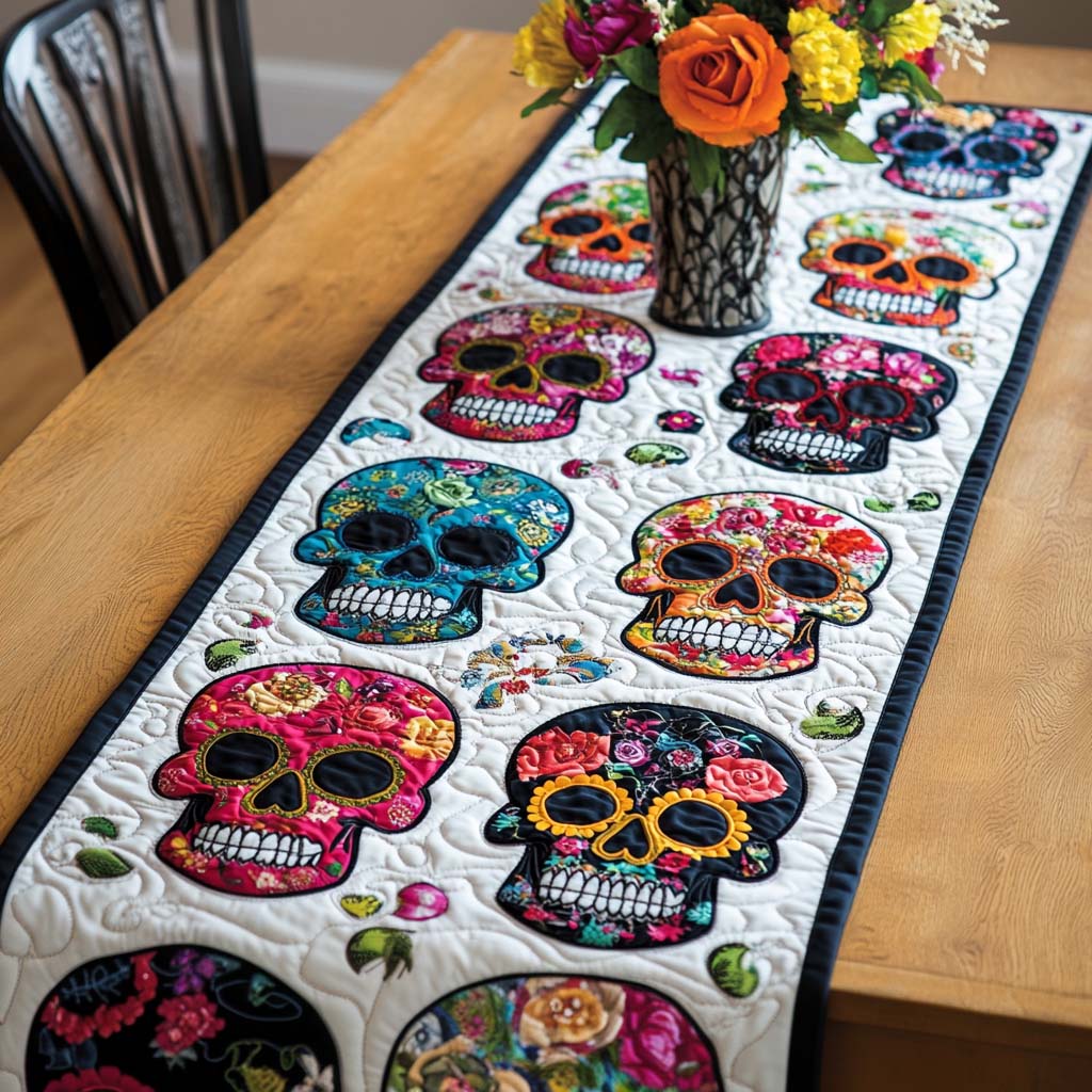 Deadly Charm Quilted Table Runner Sugar Skull Table Runner Gifts For Mom