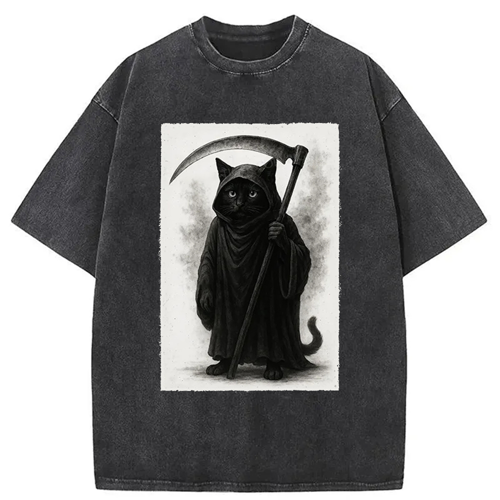 Death Cat Washed T-Shirt Unisex Streetwear Graphic Style Gifts For Besties