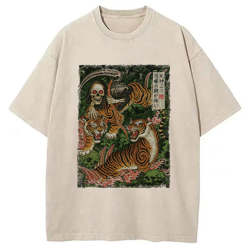 Death God And Tiger Washed T-Shirt Cool Urban Street Style Shirt Gifts For Brother