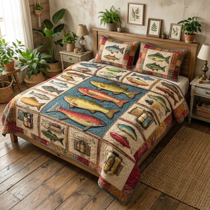 Deep Angler Quilted Bedding Set Fishing Lodge Bedroom Decor Cozy Home Gift For Fishermen