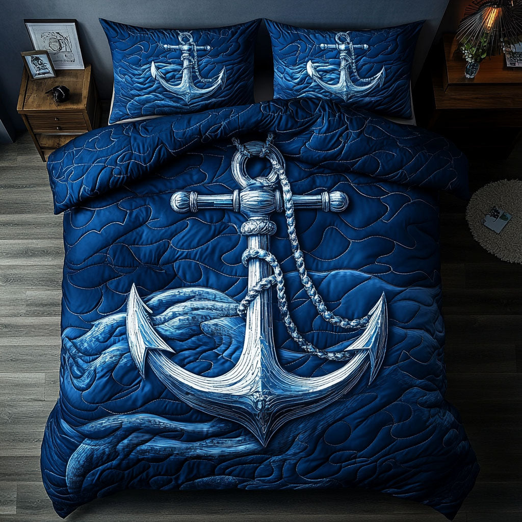 Deep Blue Anchor Quilted Bedding Set Holiday Season Duvet Cover Set Anchor Gifts Ocean